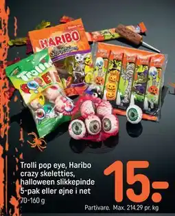 REMA 1000 Trolli pop eye, Haribo crazy skeletties, halloween slikkepinde 5-pak eller øjne i net tilbud