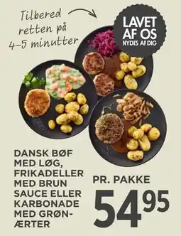 MENY DANSK BØF MED LØG, FRIKADELLER MED BRUN SAUCE ELLER KARBONADE MED GRØNÆRTER tilbud