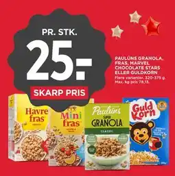 MENY PAULÚNS GRANOLA, FRAS, MARVEL CHOCOLATE STARS ELLER GULDKORN tilbud