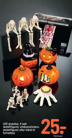 REMA 1000 LED-græskar, 4-pak skeletfigurer, vinduesstickers, skeletfigurer eller hånd til fyrfadslys tilbud