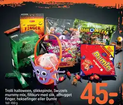 REMA 1000 Trolli halloween, slikkepinde, Swizzels mummy mix, filtkurv med slik, afhugget finger, heksefinger eller Dumle tilbud