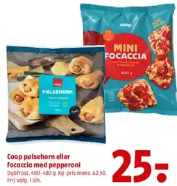 Coop 365 Coop pølsehorn eller focaccia med pepperoni tilbud
