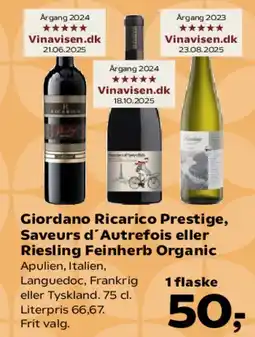 SuperBrugsen Giordano Ricarico Prestige, Saveurs d'Autrefois eller Riesling Feinherb Organic tilbud