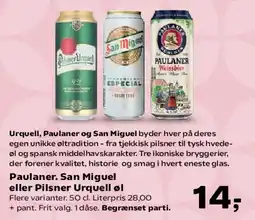 SuperBrugsen Paulaner, San Miguel eller Pilsner Urquell tilbud