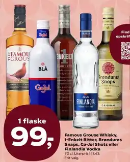 SuperBrugsen Famous Grouse Whisky, Enkelt Bitter, Brøndums Snaps, Ga-Jol Shots eller Finlandia Vodka tilbud