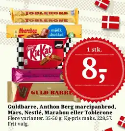 Dagli'Brugsen Guldbarre, Anthon Berg marcipanbrød, Mars, Nestlé, Marabou eller Toblerone tilbud