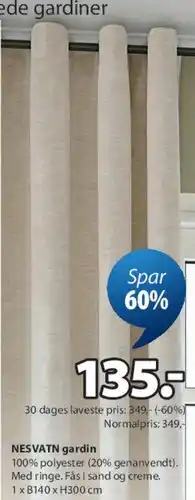 JYSK NESVÅTN gardin tilbud