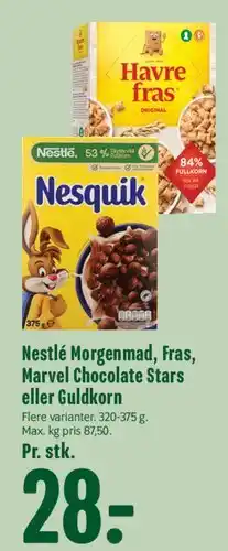 Min Købmand Nestlé morgenmad (Havre Fras / Nesquik / Marvel Chocolate Stars / Guldkorn) tilbud
