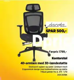 Power dacota kontorstol 4d-armlæn med 3d-lændestøtte tilbud