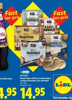 Lidl Hatting - kanel snegle, tebirkes, skagenslapper, surdejsrundstykker eller møllehjul tilbud