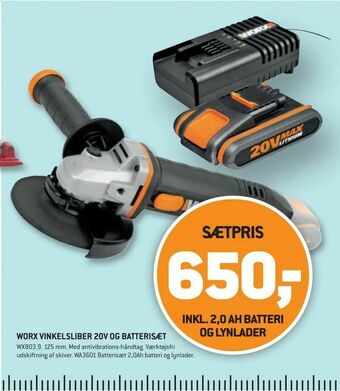 XL-BYG Worx vinkelsliber 20v og batterisæt tilbud