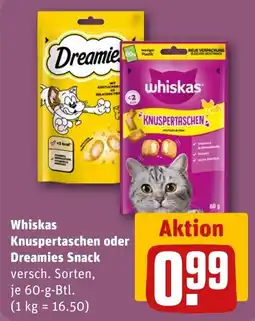 REWE DE Whiskas Knuspertaschen oder Dreamies Snack tilbud