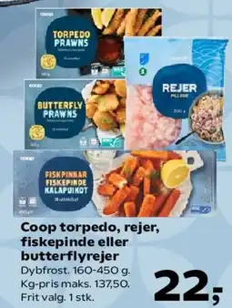 Kvickly Coop torpedo, rejer, fiskepinde eller butterflyrejer tilbud