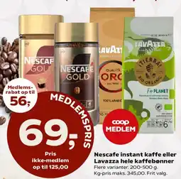 Kvickly Nescafe instant kaffe eller Lavazza hele kaffebønner tilbud