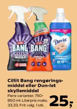Kvickly Cillit Bang rengøringsmiddel eller Dun-let skyllemiddel tilbud
