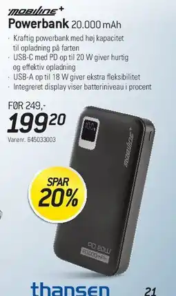 Thansen mobiline+ Powerbank 20.000 mAh tilbud