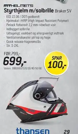 Thansen Styrthjelm m/solbrille Braker SV tilbud