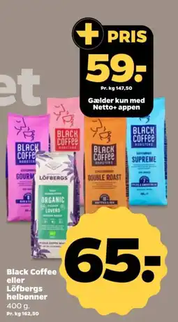 Netto Black Coffee eller Löfbergs helbønner tilbud