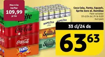 Coca Cola, Fanta, Squash, Sprite Zero el. Ramlösa