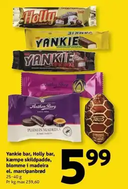 Løvbjerg Yankie bar, Holly bar, kæmpe skildpadde, blomme i madeira el. marcipanbrød tilbud