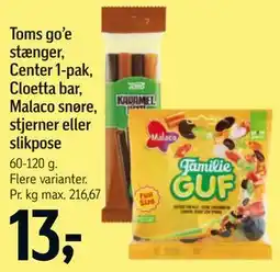 Føtex Toms go’e stænger, Center 1-pak, Cloetta bar, Malaco snøre, stjerner eller slikpose tilbud