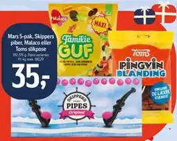 Føtex Mars 5-pak, Skippers piber, Malaco eller Toms slikpose tilbud