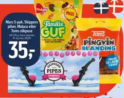Føtex Mars 5-pak, Skippers piber, Malaco eller Toms slikpose tilbud