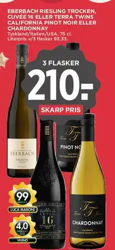 MENY Eberbach Riesling Trocken / Cuvée 16 eller Terra Twins Pinot Noir / Chardonnay (3 flasker) tilbud