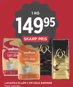 MENY Lavazza eller L'OR hele bønner tilbud