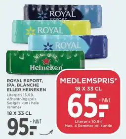 MENY Royal Export / IPA / Blanche eller Heineken (18 x 33 cl) tilbud