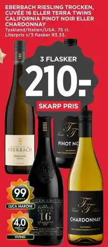 MENY EBERBACH RIESLING TROCKEN, CUVÉE 16 ELLER TERRA TWINS CALIFORNIA PINOT NOIR ELLER CHARDONNAY tilbud