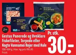 Min Købmand Gestus Panerede og Ovnklare Fiskefileter, Torpedo eller Kogte Vannamei Rejer med Hale tilbud