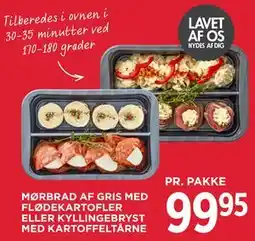 MENY MØRBRAD AF GRIS MED FLØDEKARTOFLER ELLER KYLLINGEBRYST MED KARTOFFELTÅRNE tilbud