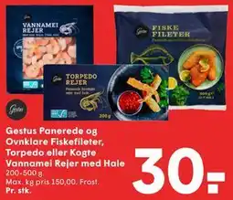 SPAR Gestus Panerede og Ovnklare Fiskefileter, Torpedo eller Kogte Vannamei Rejer med Hale tilbud