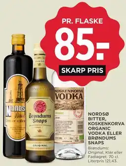 MENY NORDSØ BITTER, KOSKENKORVA ORGANIC VODKA ELLER BRØNDUMS SNAPS tilbud