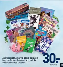 REMA 1000 Aktivitetsbog, shuffle board bordspil, bog, malebog, diamond art, sudoku eller taske med tilbehør tilbud