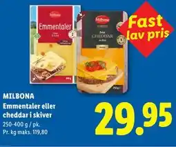 Lidl MILBONA Emmentaler eller cheddar i skiver tilbud