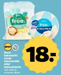 Netto Nora laktosefri revet mozzarella / mascarpone 150-200 g tilbud