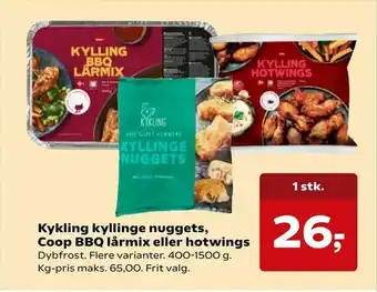 SuperBrugsen Kykling kyllinge nuggets, Coop BBQ lårmix eller hotwings tilbud