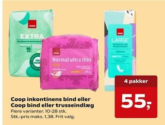 SuperBrugsen Coop inkontinens bind eller Coop bind eller trusseindlæg tilbud