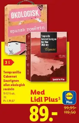 Lidl Tempranillo / Cabernet Sauvignon eller økologisk rosévin (box) tilbud