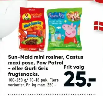 Bilka Sun-Maid mini rosiner, Castus maxi pose, Paw Patrol - eller Gurli Gris frugtsnacks tilbud