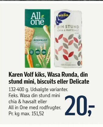 Føtex Karen Volf kiks, Wasa Runda, din stund mini, biscuits eller Delicate tilbud