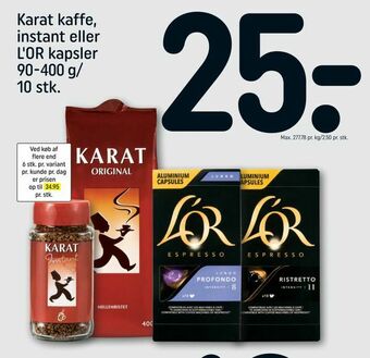 REMA 1000 Karat kaffe, instant eller L'OR kapsler 90-400 g tilbud