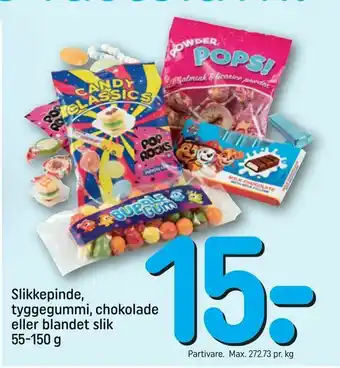 REMA 1000 Slikkepinde, tyggegummi, chokolade eller blandet slik tilbud