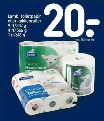 REMA 1000 Lambi toiletpapir eller køkkenruller 9 rl/847 g 4 rl/566 g 1 rl/618 g tilbud