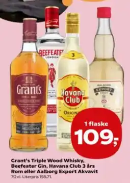 Kvickly Grant's Triple Wood Whisky, Beefeater Gin, Havana Club 3 års Rom eller Aalborg Export Akvavit tilbud