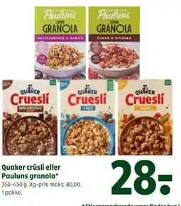 Coop 365 Quaker crüsli eller Pauluns granola tilbud