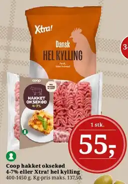 Dagli'Brugsen Coop hakket oksekød / Xtra! hel kylling tilbud