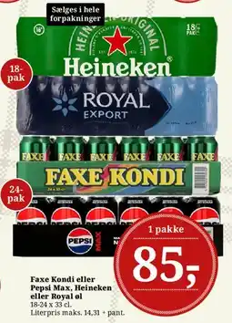 Dagli'Brugsen Faxe Kondi eller Pepsi Max Heineken eller Royal øl tilbud